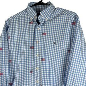 Vineyard Vines Shirt Mens Small Blue Gingham Flag Classic Fit Tucker Long Sleeve